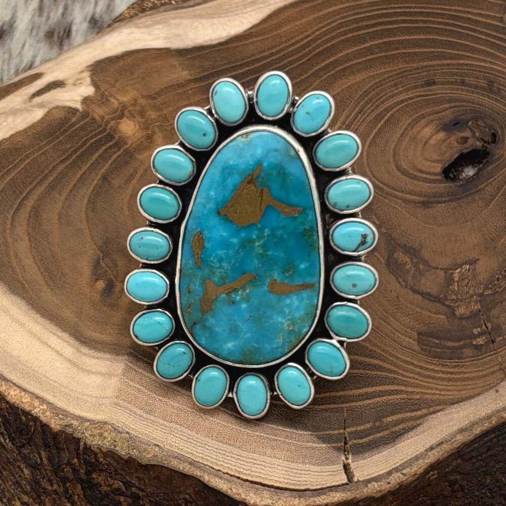 FEDERICO JIMENEZ Sterling Silver Copper Canyon Turquoise Cluster Ring Adjustable